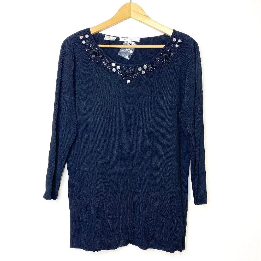 Lou Lou 1X Black Embellished Rhinestone Beaded 3/4 Sleeve Blouse Top Plus Size